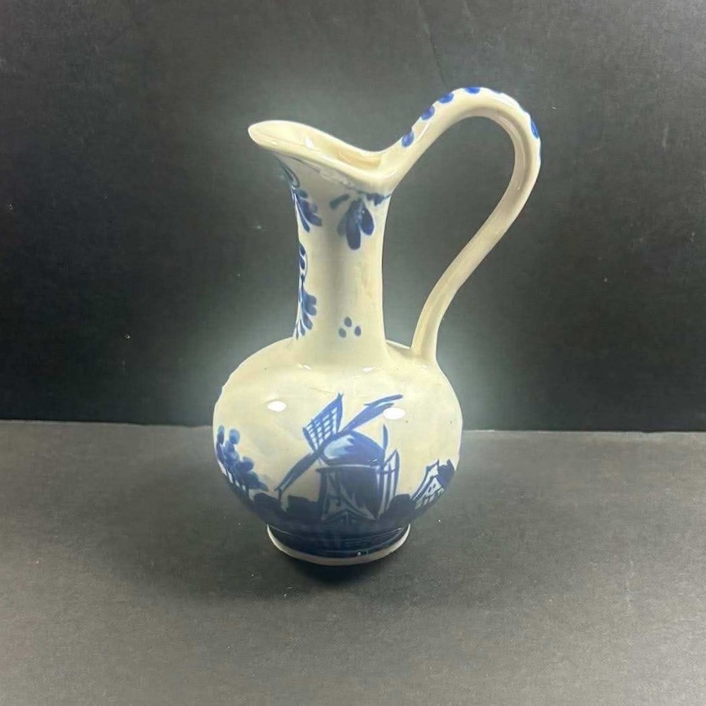 Delfts Blue Miniature Pitcher White Blue Hand Painted Windmill Decor